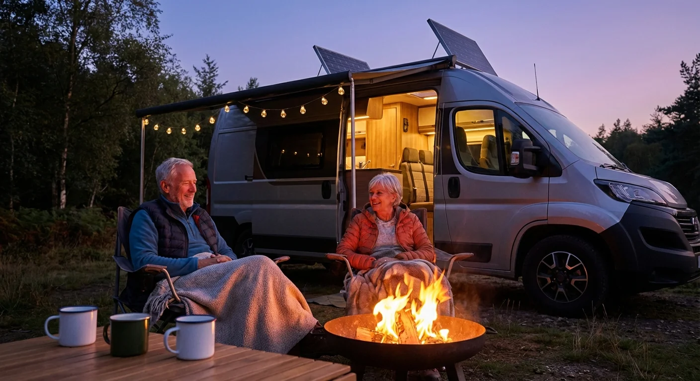 A senior couple relaxing at a campsite with their camper van.