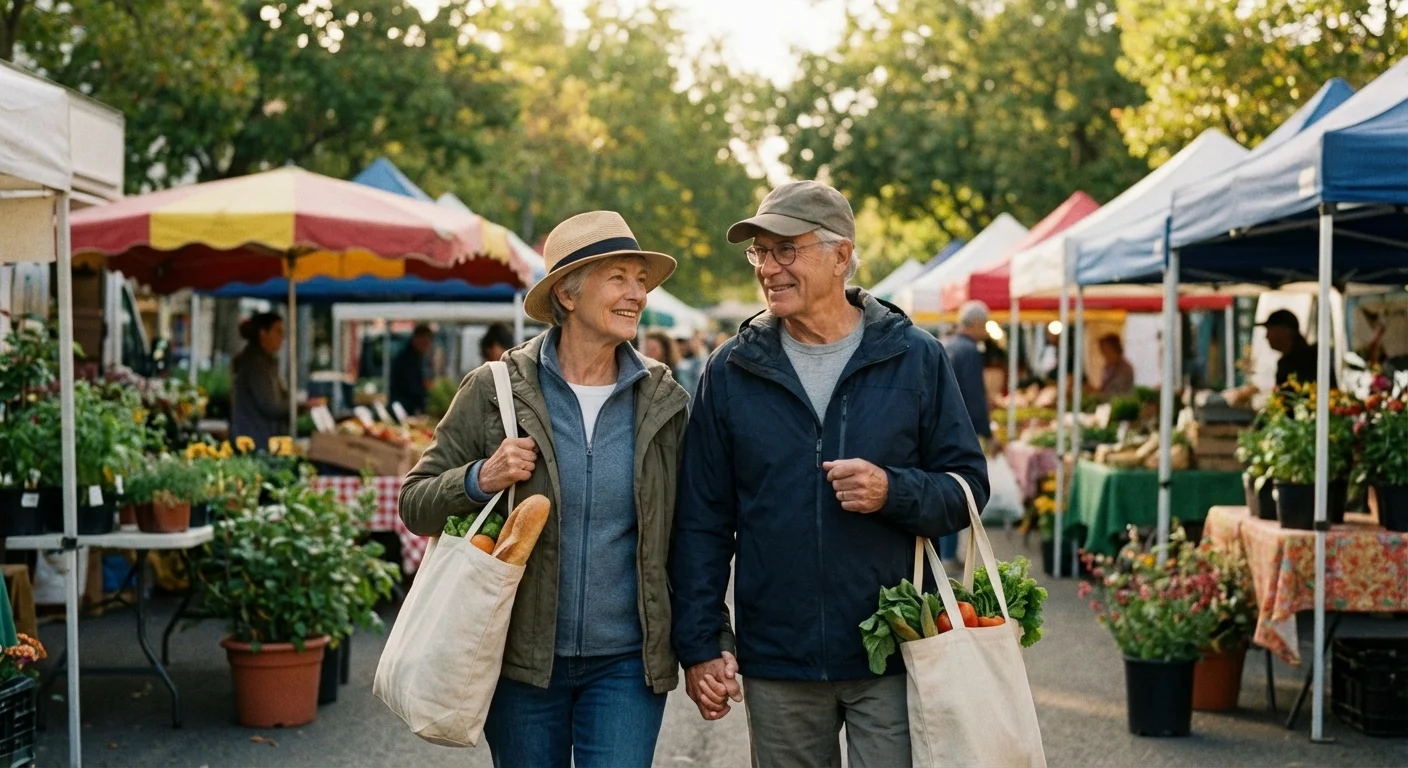 A senior couple shopping at a local outdoor farmers market with reusable bags.
