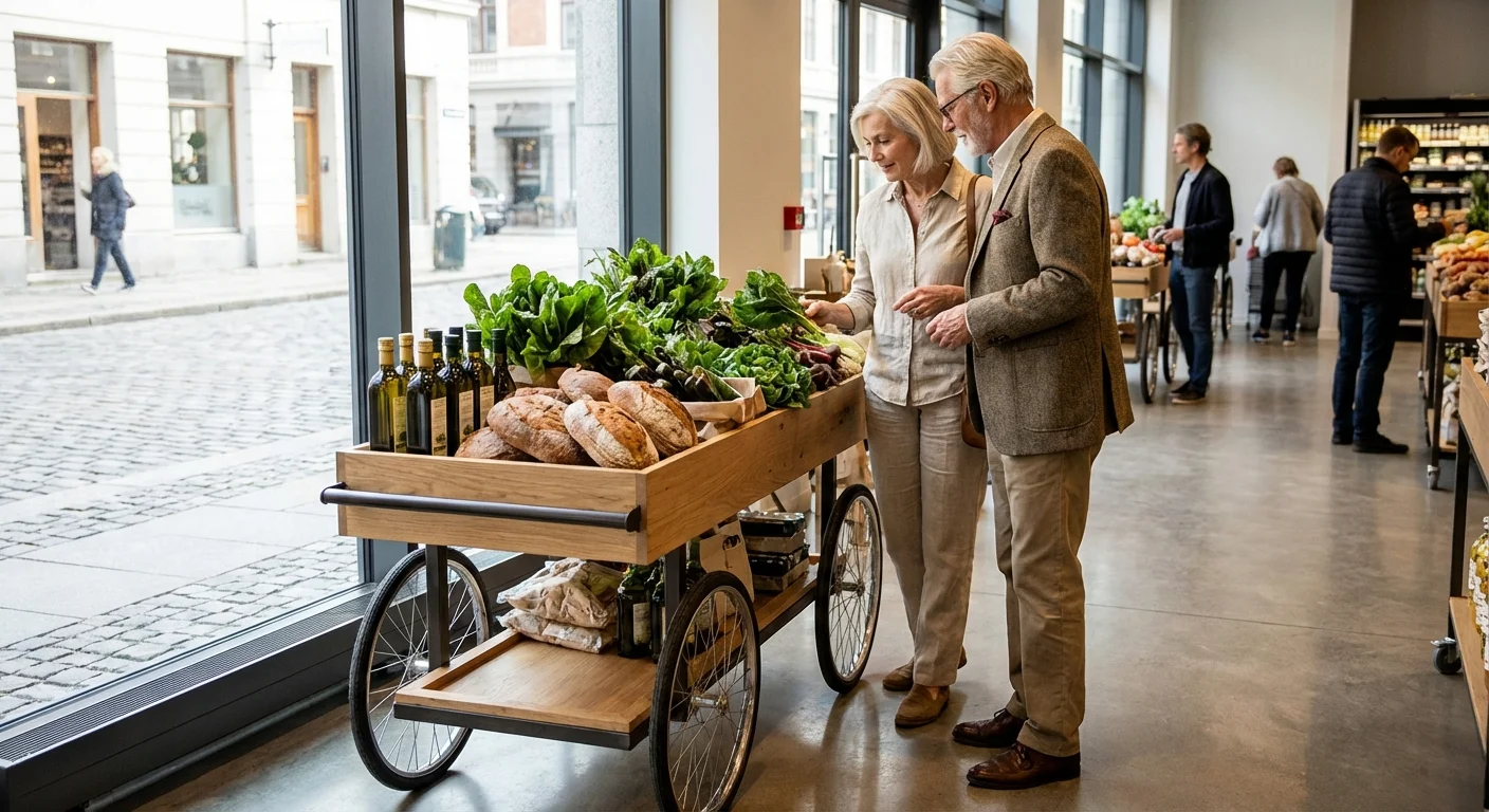 A senior couple shopping for fresh produce in a sunlit, modern grocery store.