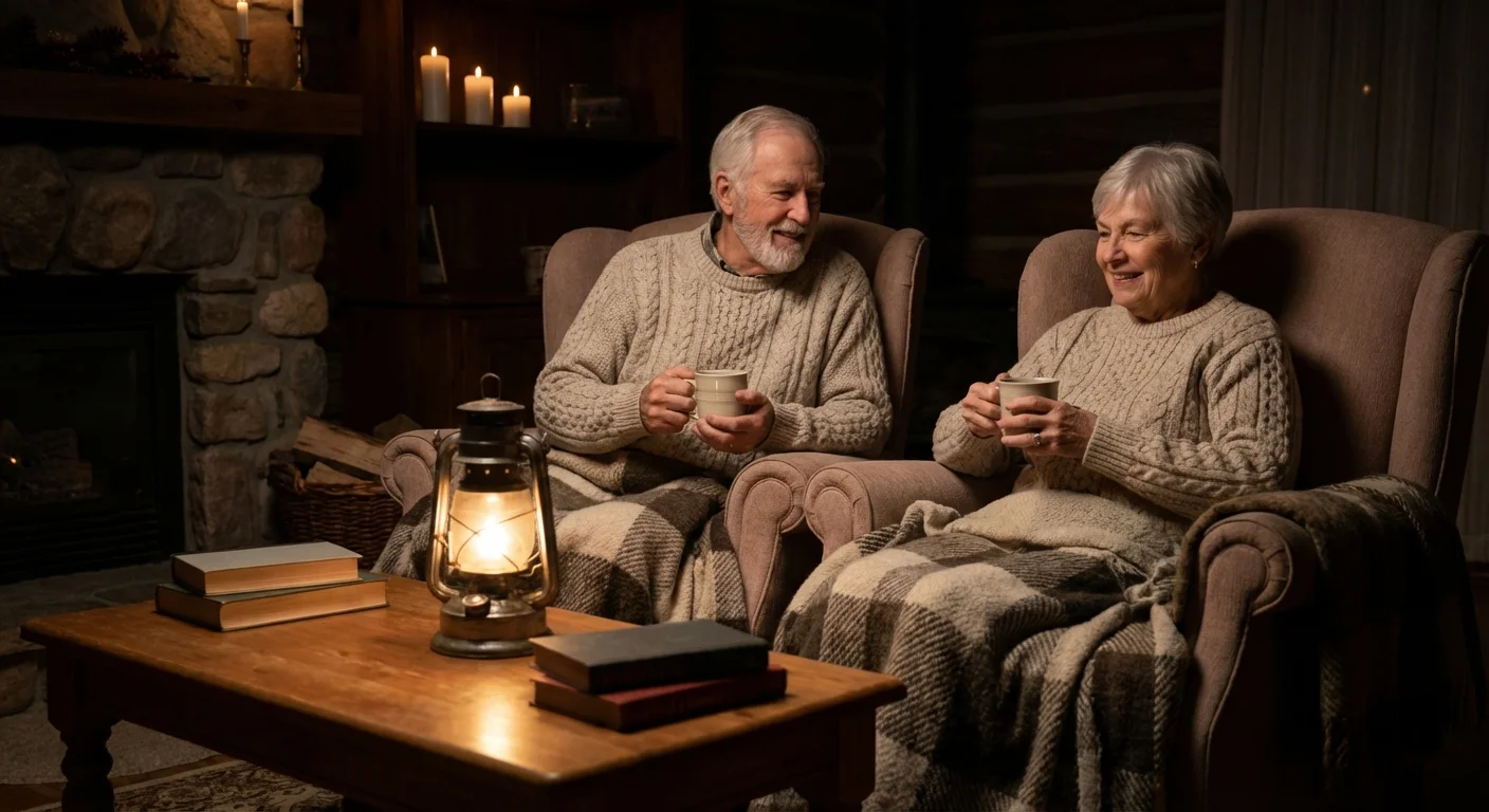 A senior couple sitting calmly in a room lit by a lantern during a power outage.