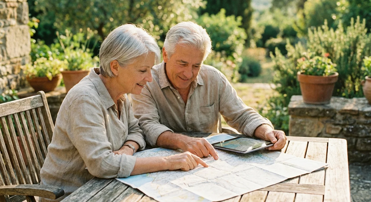 A senior couple sitting together on a patio, thoughtfully reviewing a map and financial planning tools.