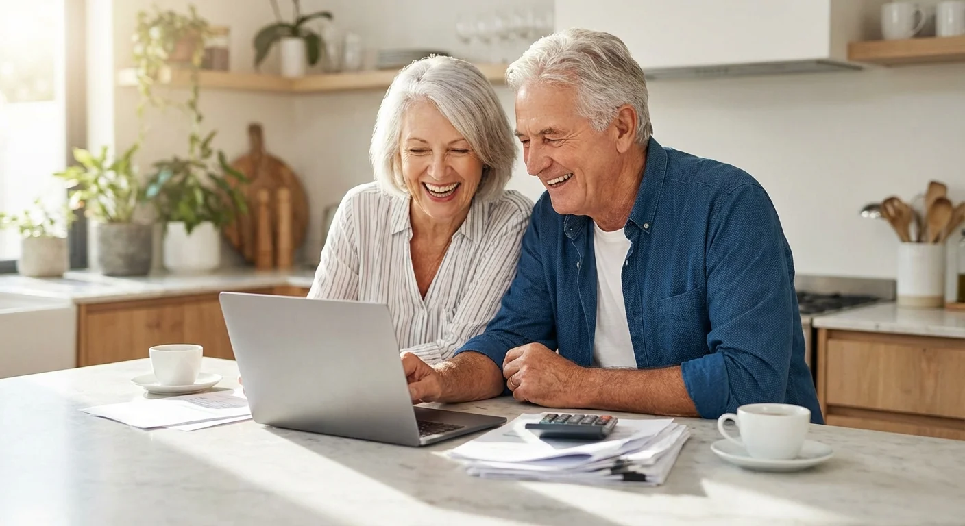 A senior couple smiles while preparing their tax documents together in a bright, modern kitchen.