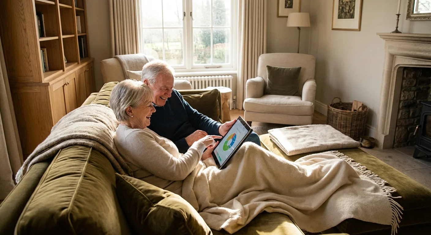 A senior couple smiling while looking at a tablet in their bright, comfortable living room.