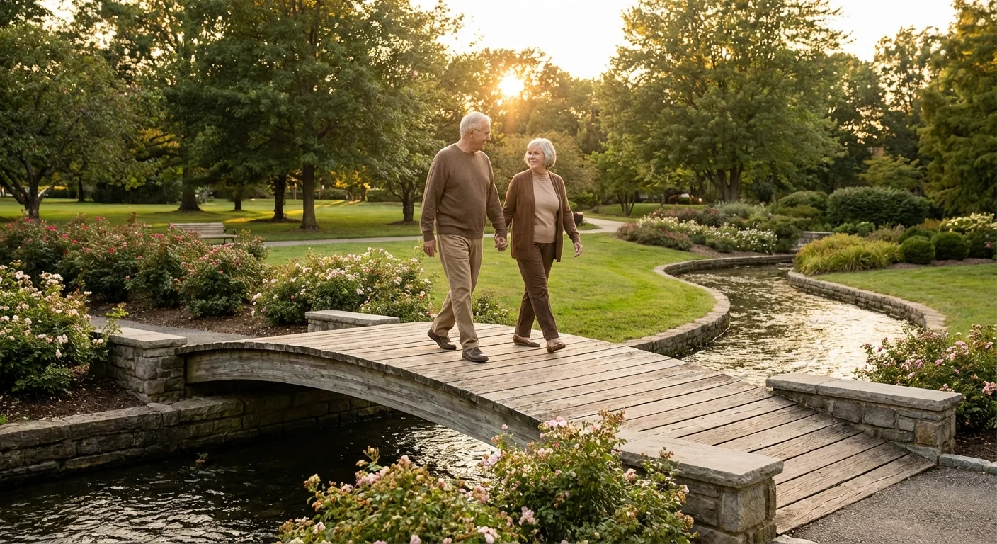 A senior couple walking across a secure wooden bridge, symbolizing the bridge to a steady retirement income.