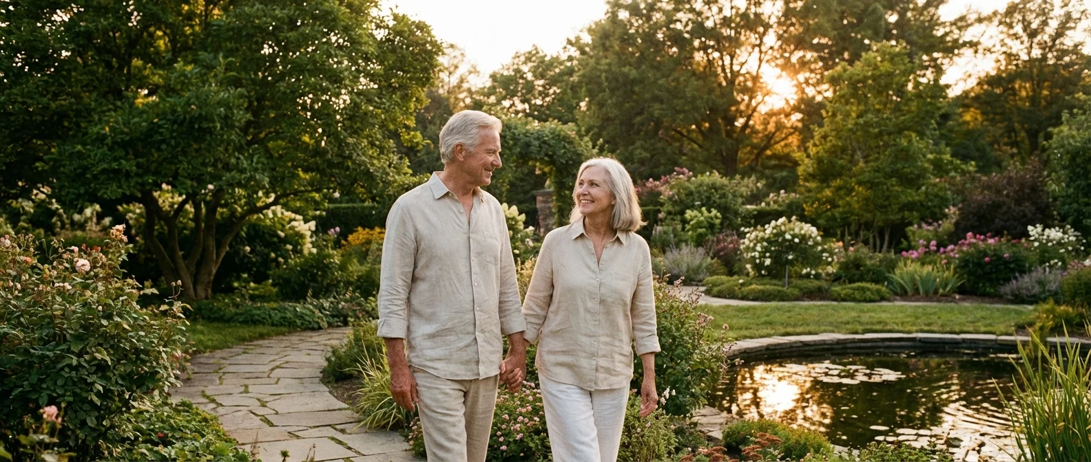 A senior couple walking through a garden at sunset, looking relaxed and happy.