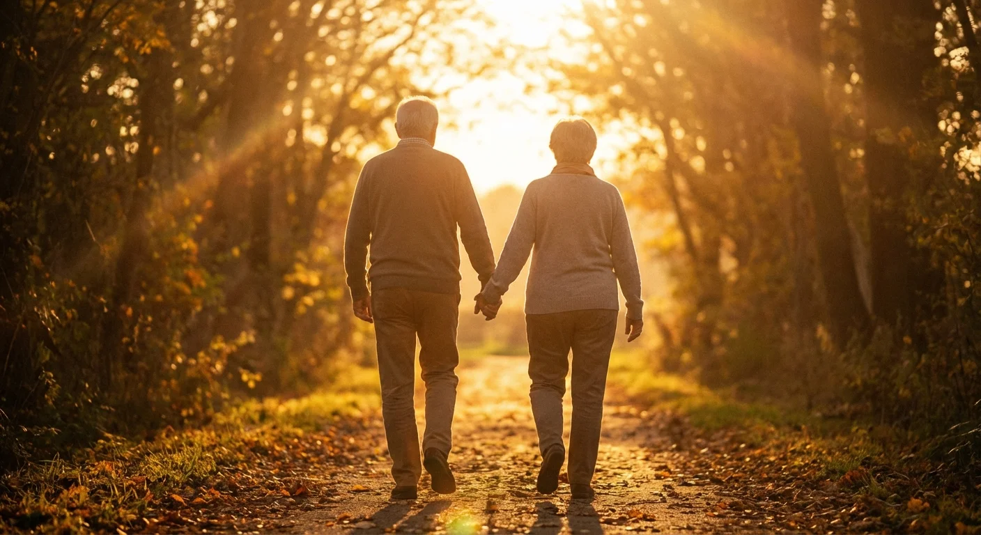 A senior couple walking together toward a bright, sunlit horizon on a path.