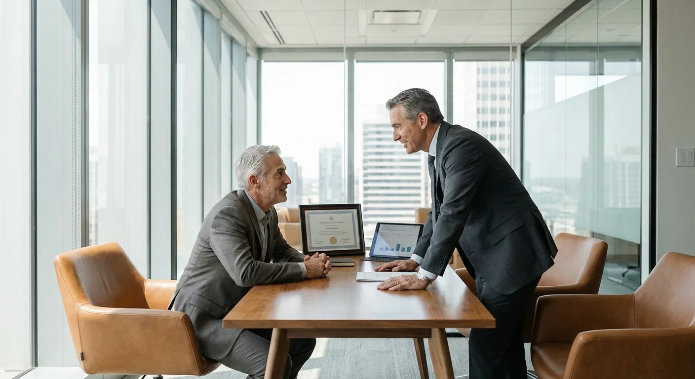 A senior individual meeting with a professional financial advisor in a modern office.