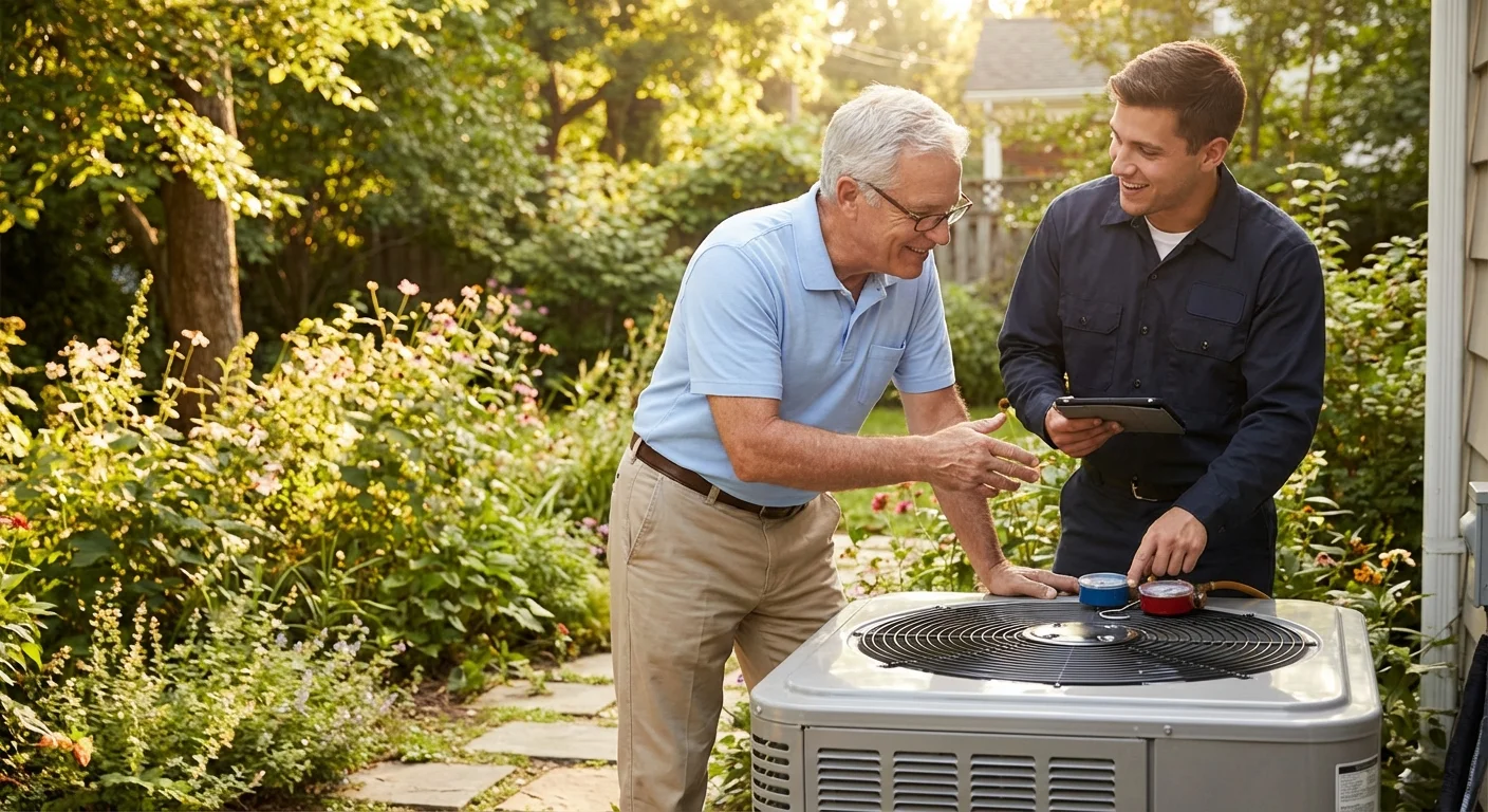 A senior man and a technician inspecting an outdoor air conditioning unit in a sunny backyard.