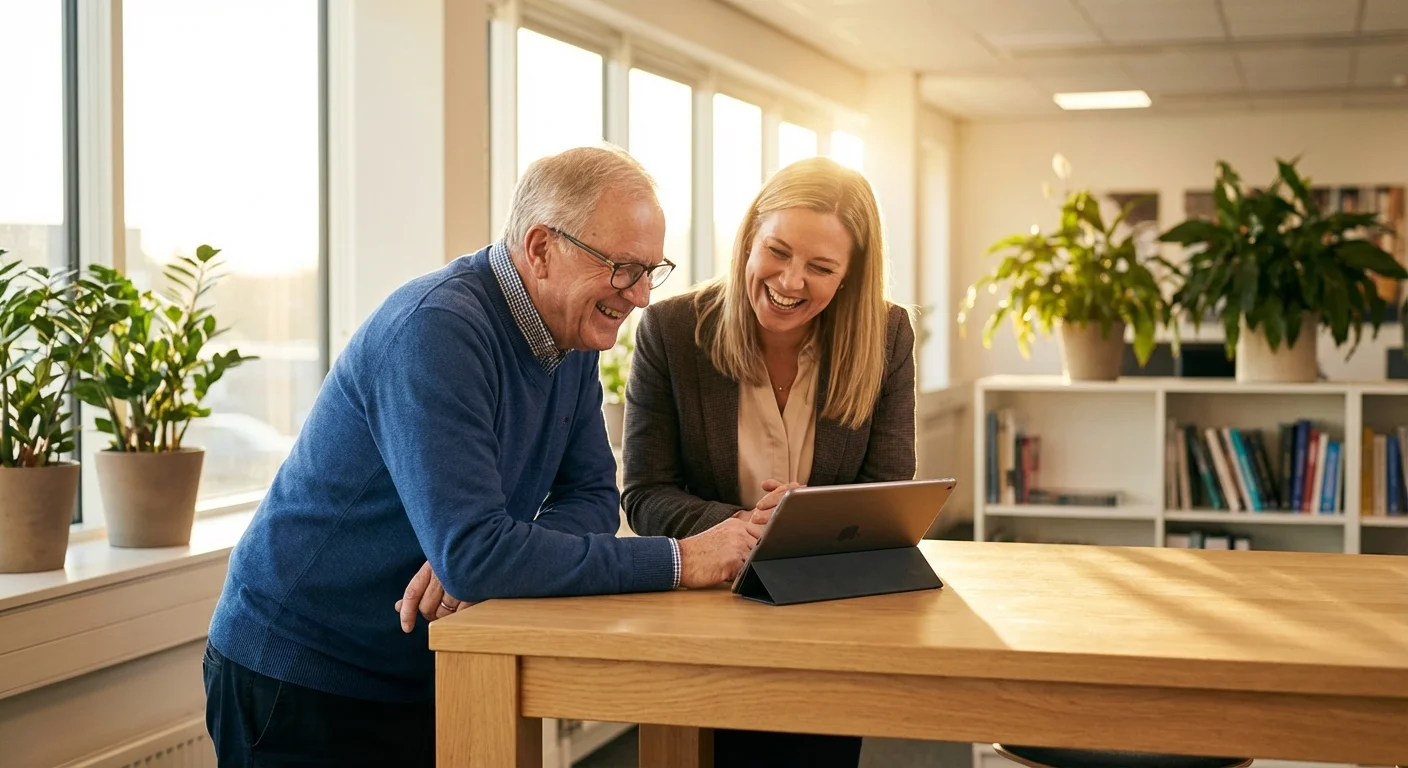 A senior man and a younger mentor collaborating in a bright office.