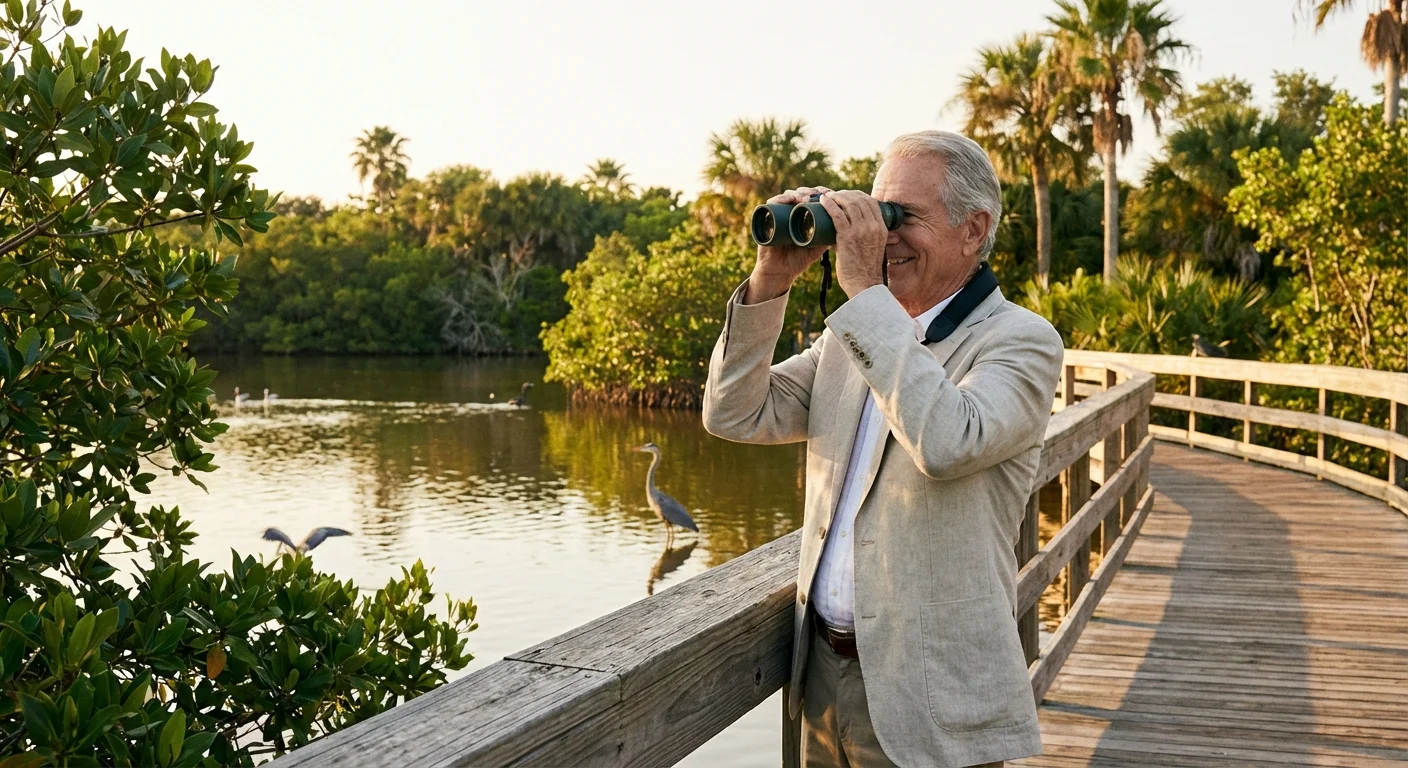 A senior man birdwatching near a coastal lagoon in Brownsville, Texas.
