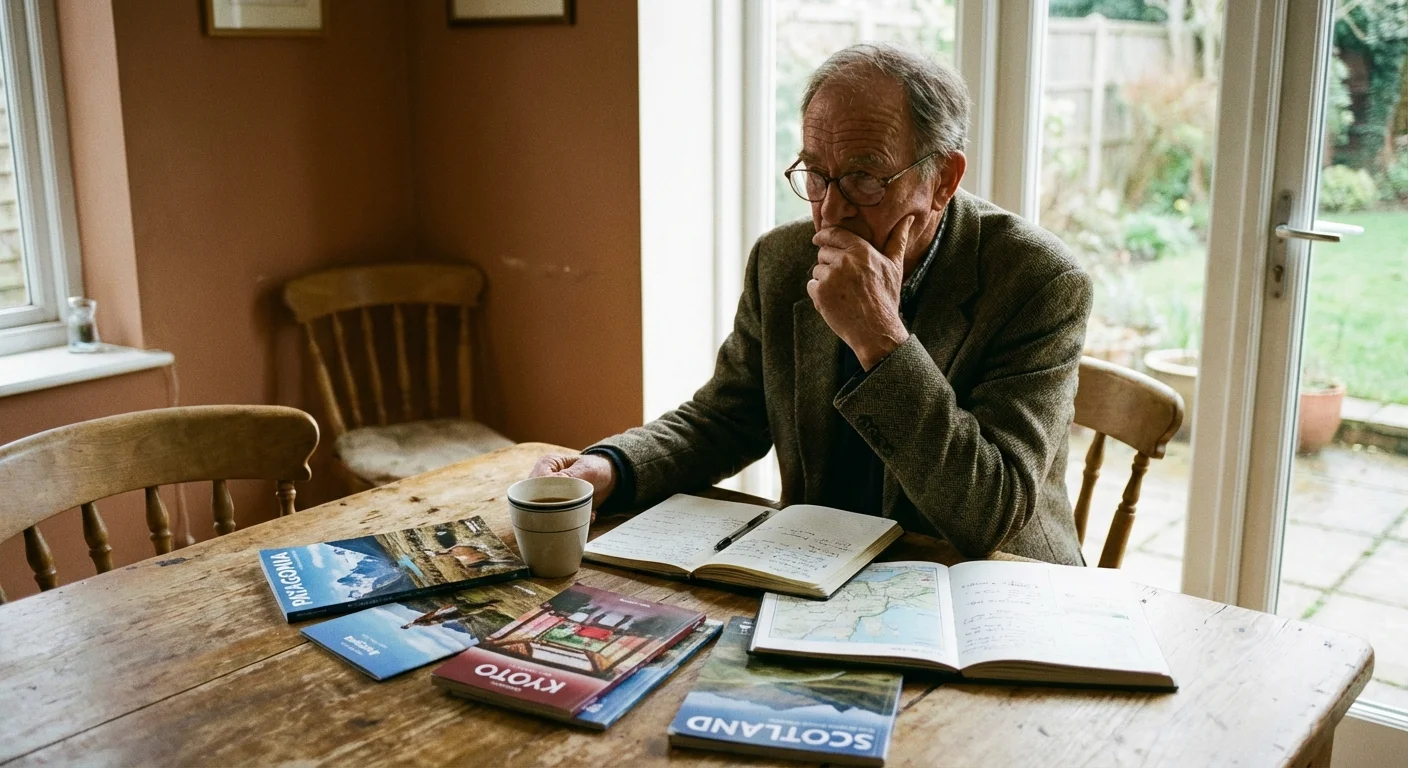 A senior man contemplating his retirement lifestyle options at a sunlit table.