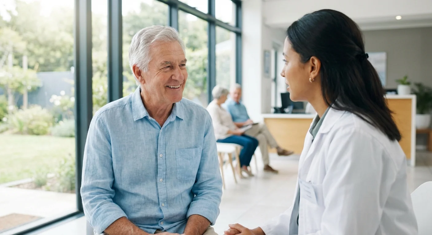 A senior man discusses his outpatient care with a doctor in a sunlit, modern medical office.