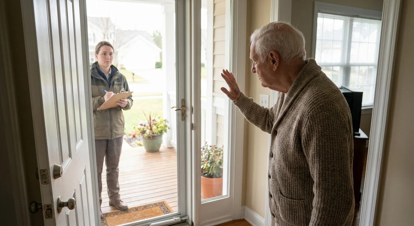 A senior man firmly declining an uninvited solicitor at his front door.