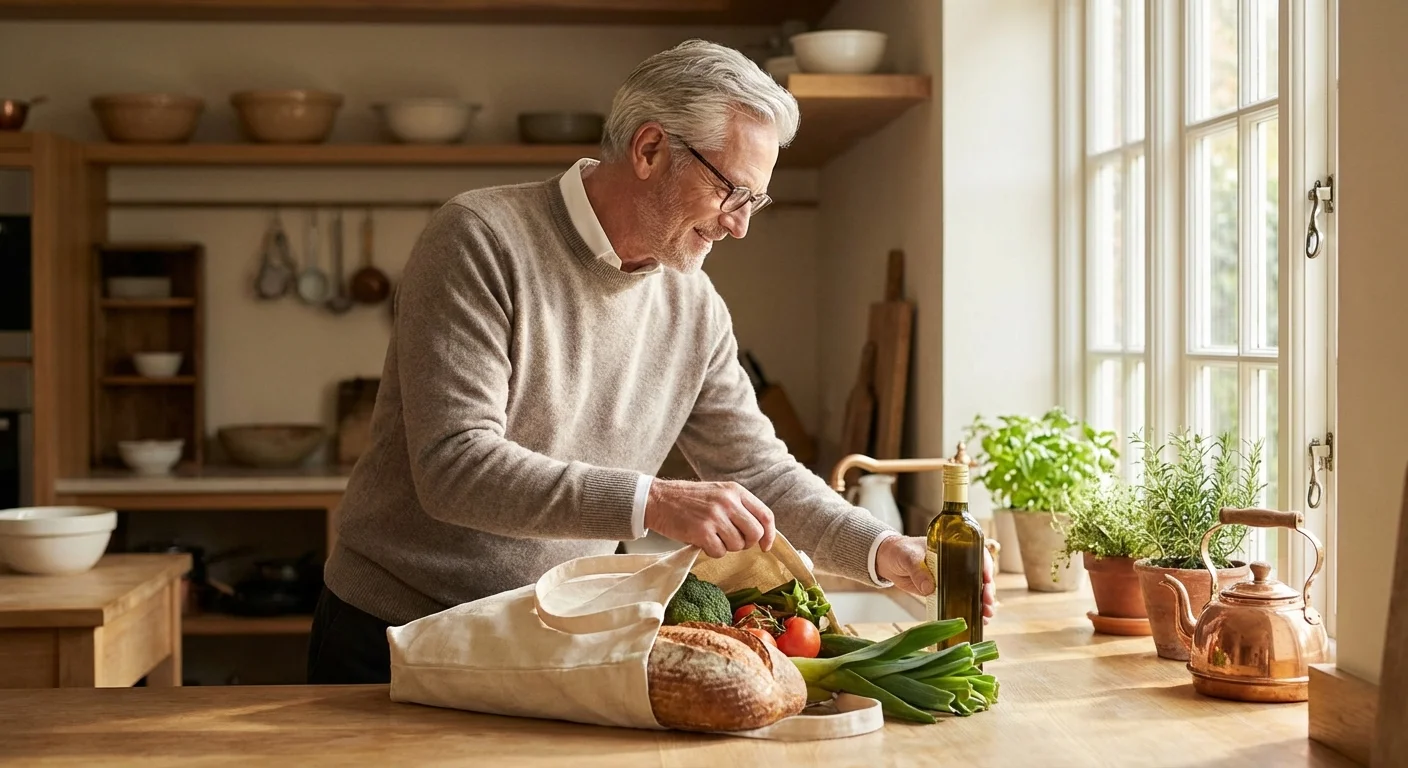 A senior man happily unpacking fresh groceries in a bright, modern kitchen.