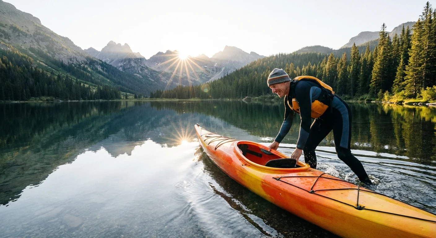 A senior man launching a kayak into a calm lake.