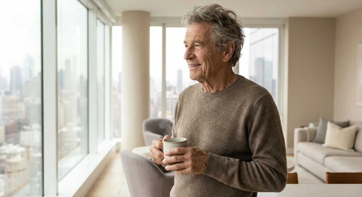 A senior man looking out a window thoughtfully while holding a cup of tea.