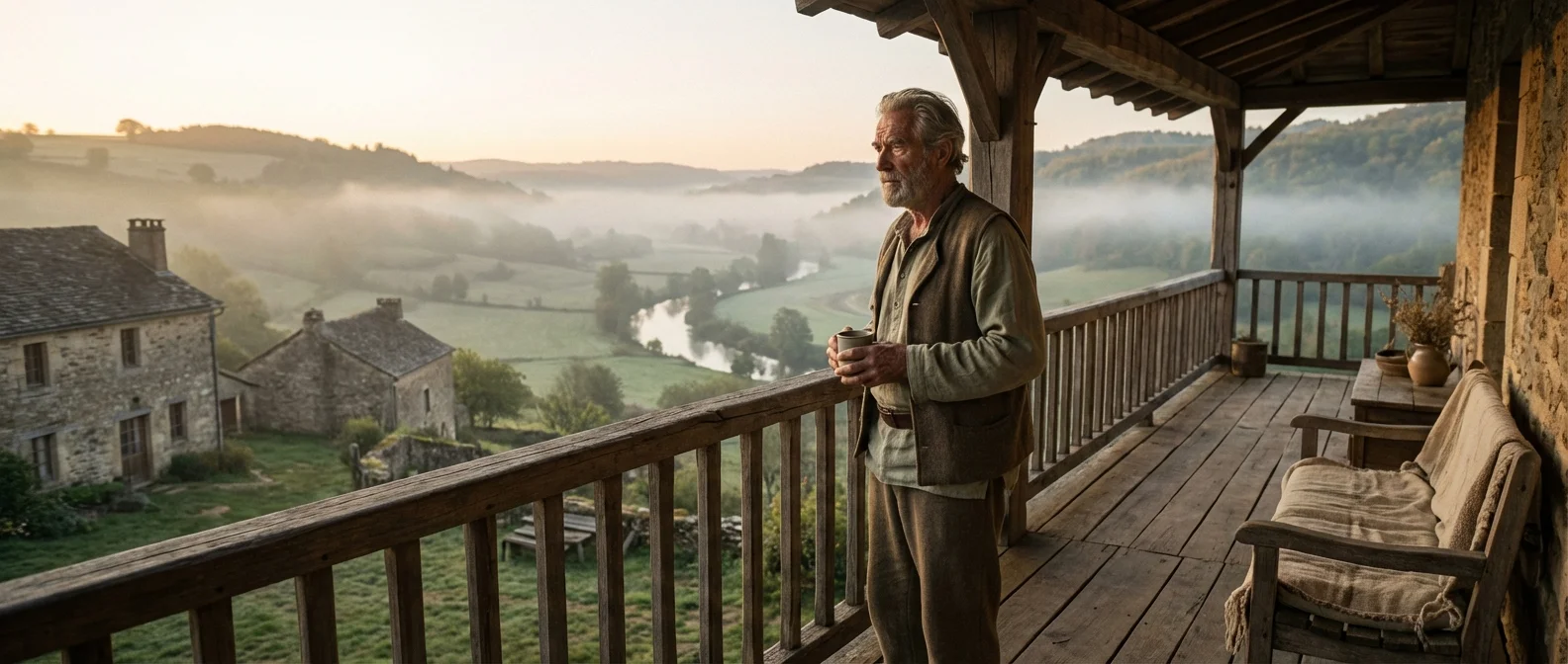 A senior man looking out over a vast, peaceful valley at sunrise, symbolizing the retirement landscape.
