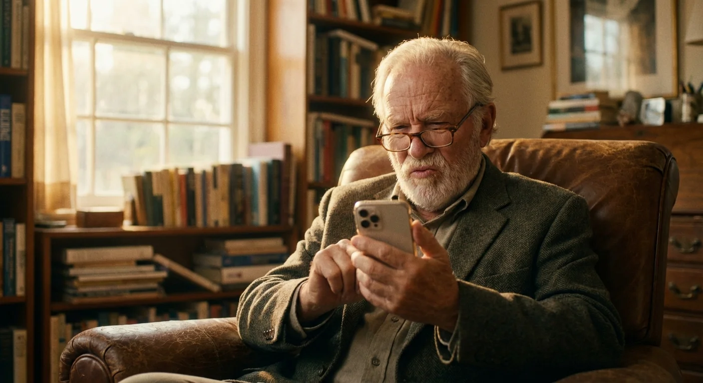 A senior man looking skeptically at his smartphone while sitting in a comfortable living room.