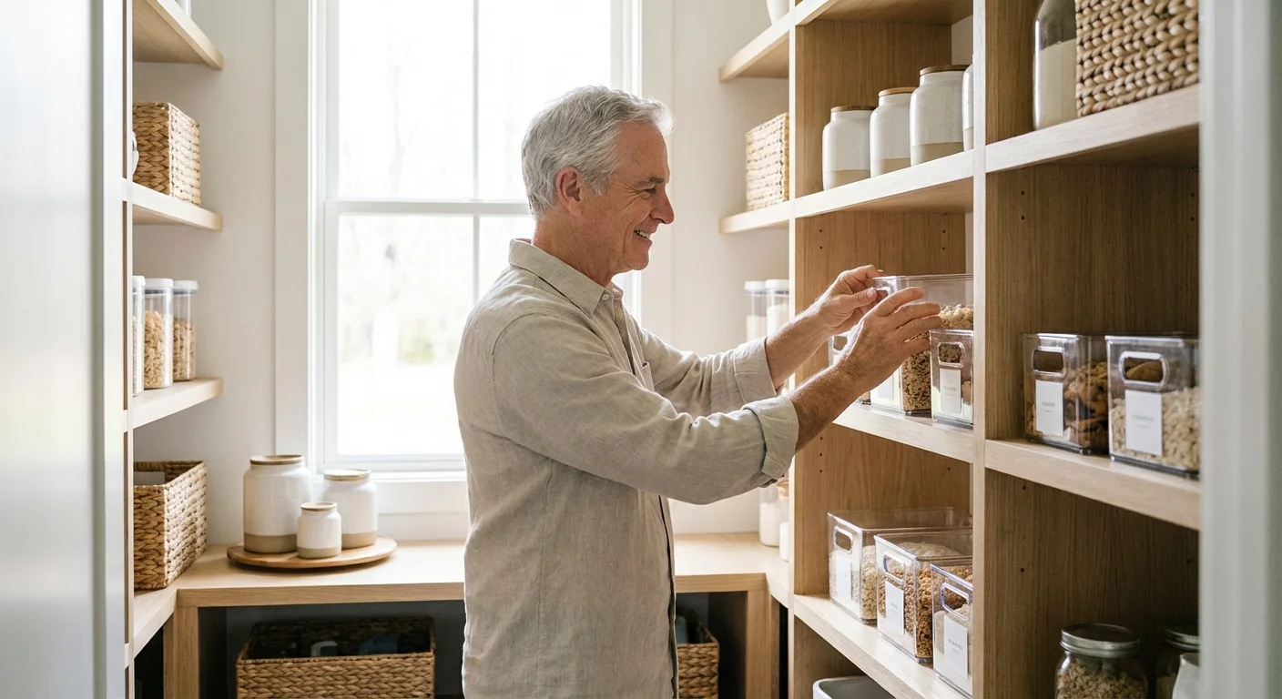 A senior man organizing his home pantry with clear, accessible storage bins in a bright kitchen.