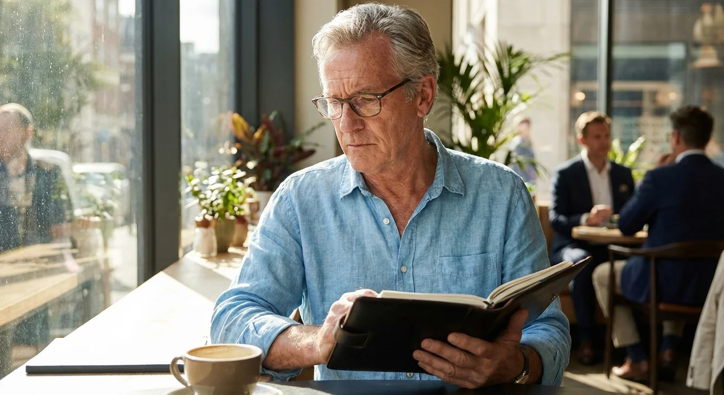 A senior man planning his schedule in a bright, modern cafe setting.