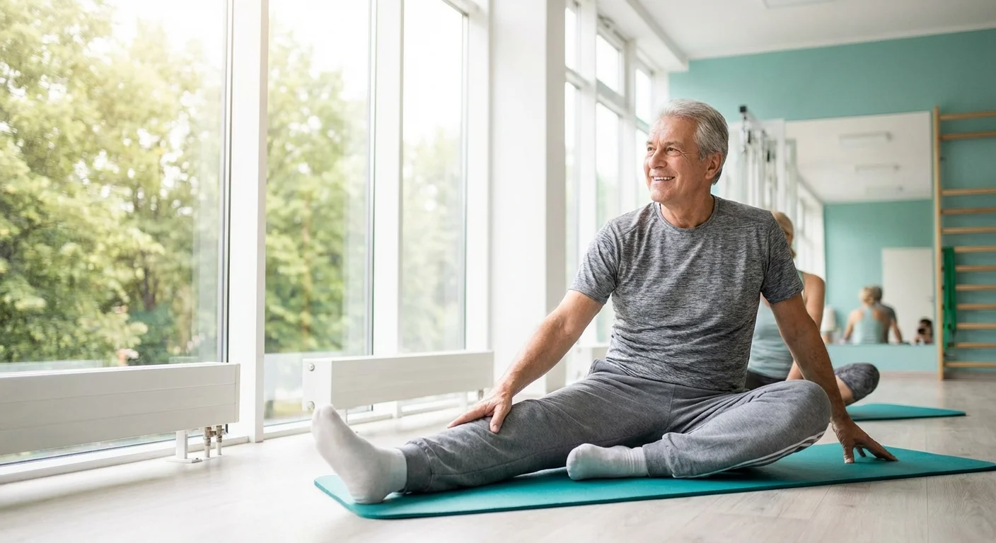 A senior man practicing yoga in a bright, modern fitness center.