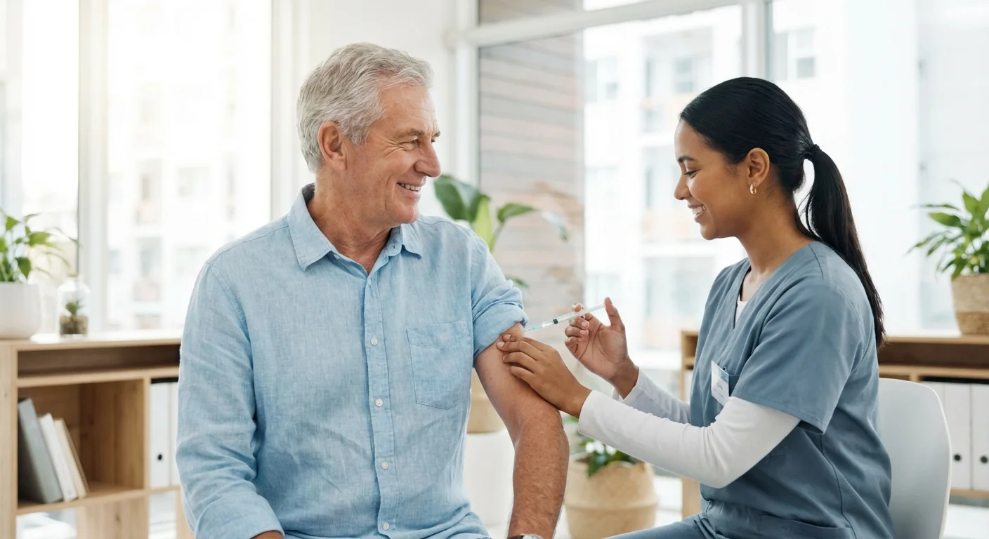 A senior man receiving a vaccination in a bright, professional medical setting.