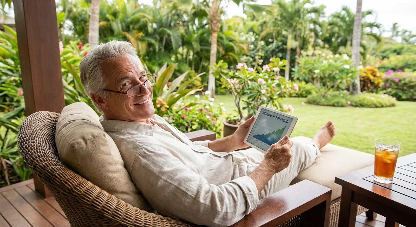 A senior man relaxing on a patio, symbolizing financial peace of mind.
