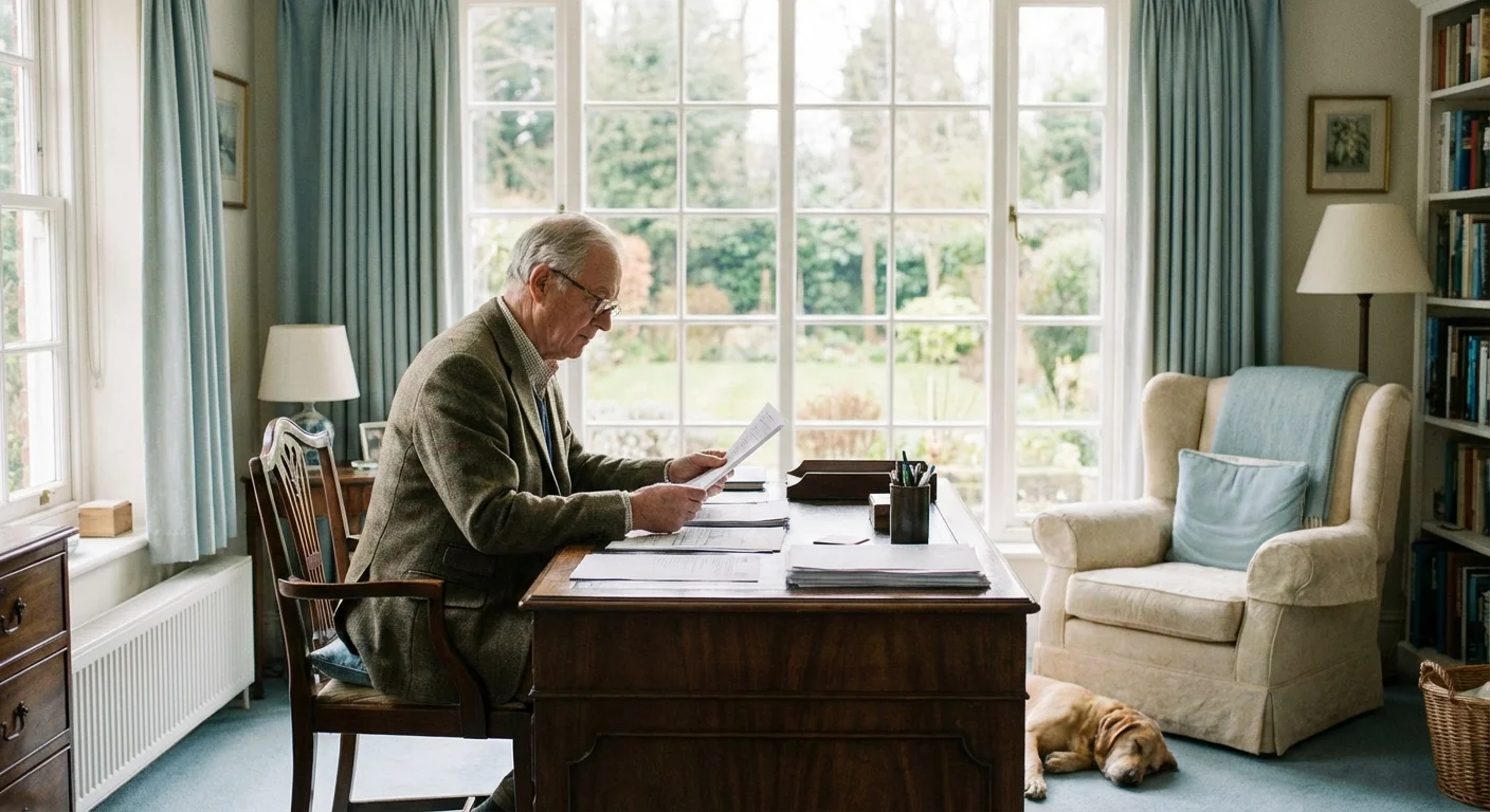 A senior man reviewing financial paperwork in a bright, modern home office.