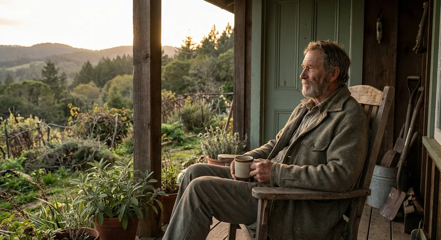 A senior man sits thoughtfully on a porch in a rural mountain setting, representing states with high Social Security reliance.