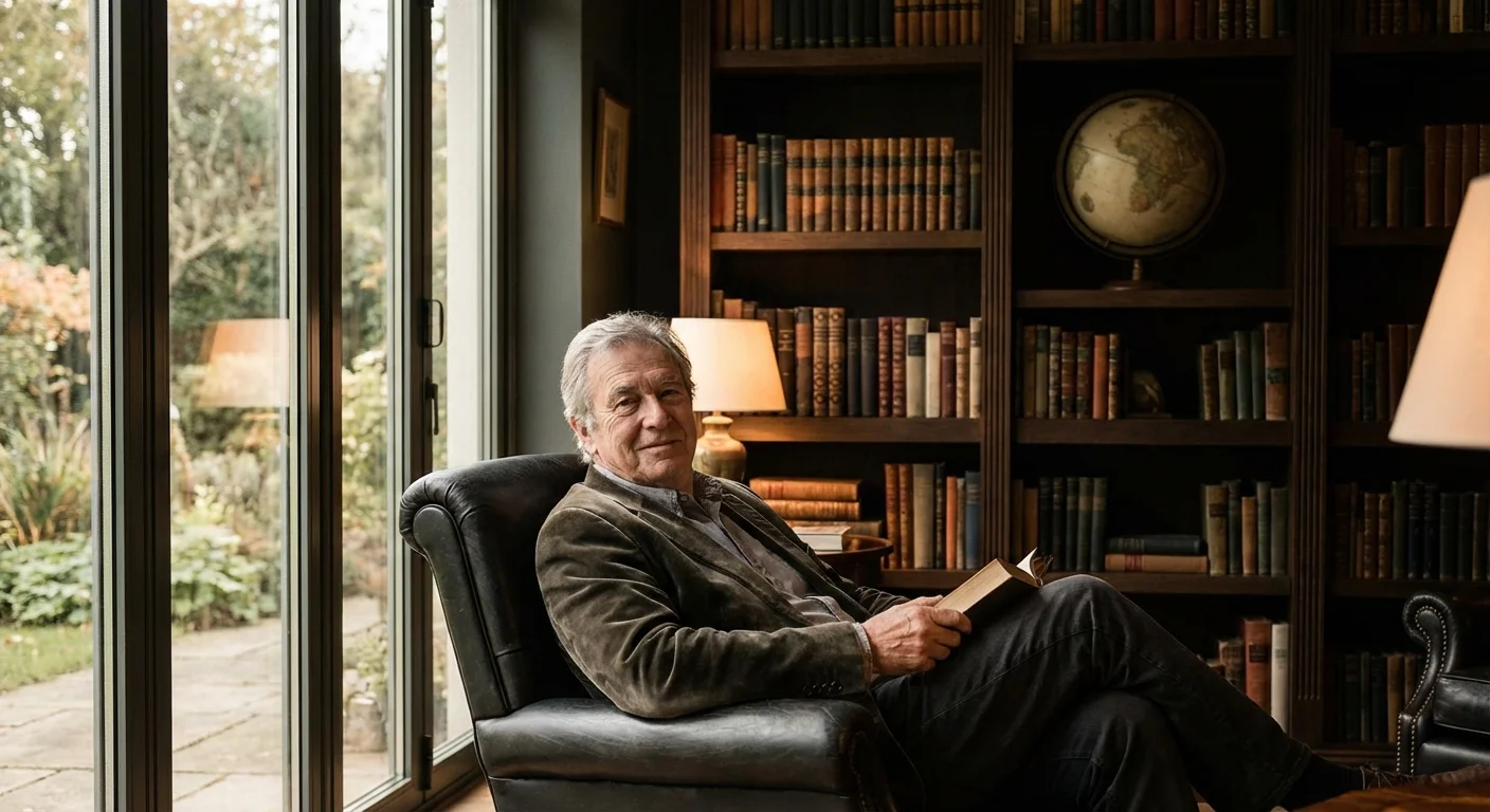 A senior man sitting contentedly in a home library, representing the stability of keeping retirement funds in place.