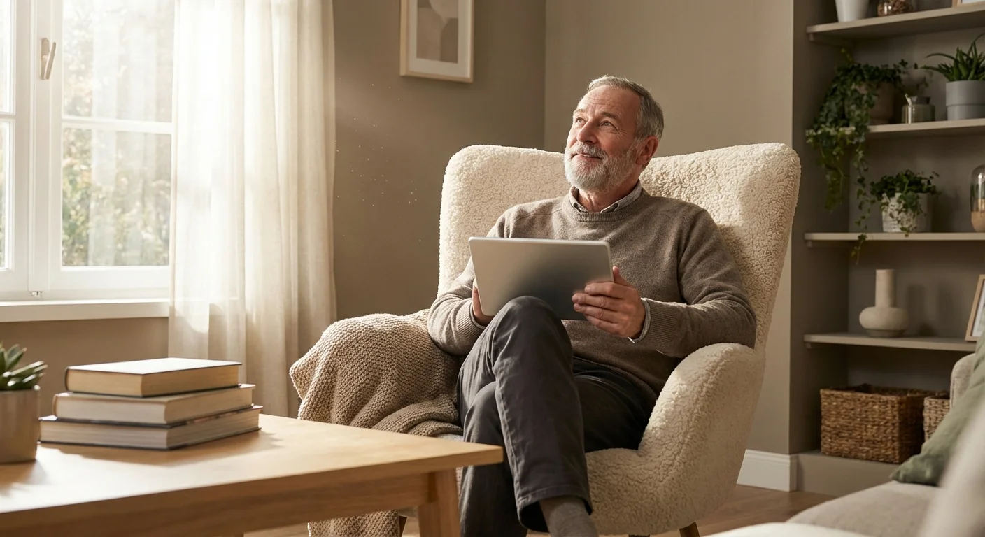 A senior man sitting on a comfortable sofa, holding a tablet and looking inspired by what he is reading.