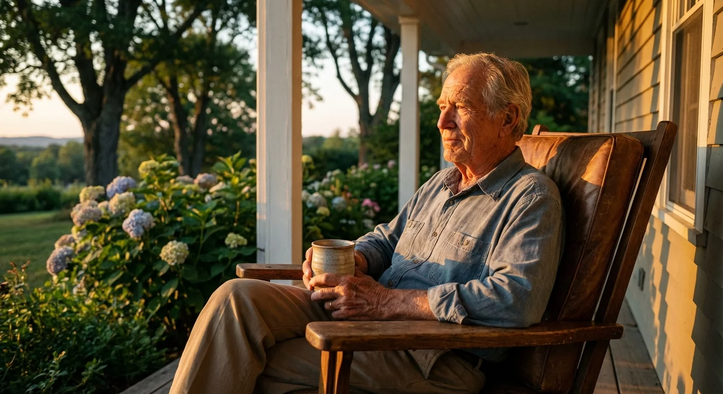 A senior man sitting on a porch reflecting during sunset.