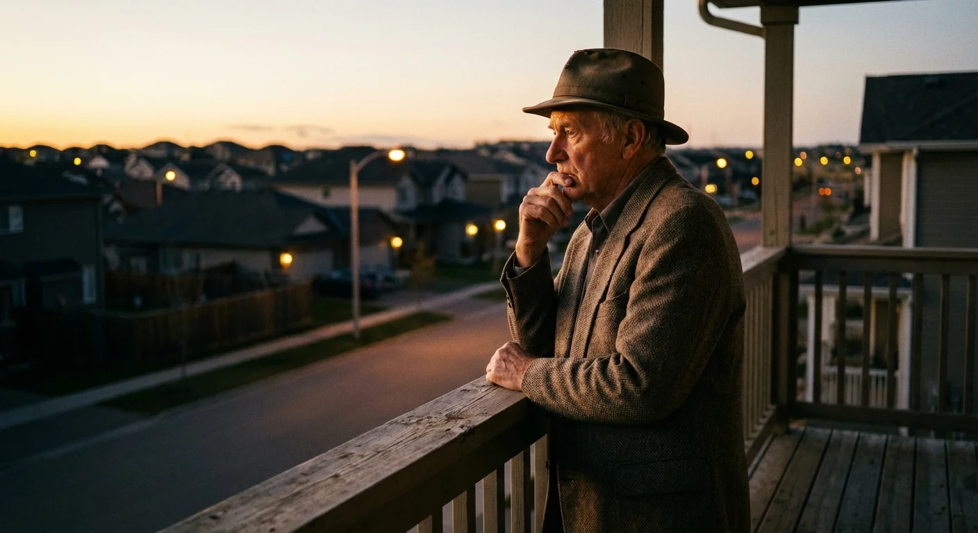 A senior man standing on his porch at sunset, looking out thoughtfully at his neighborhood.