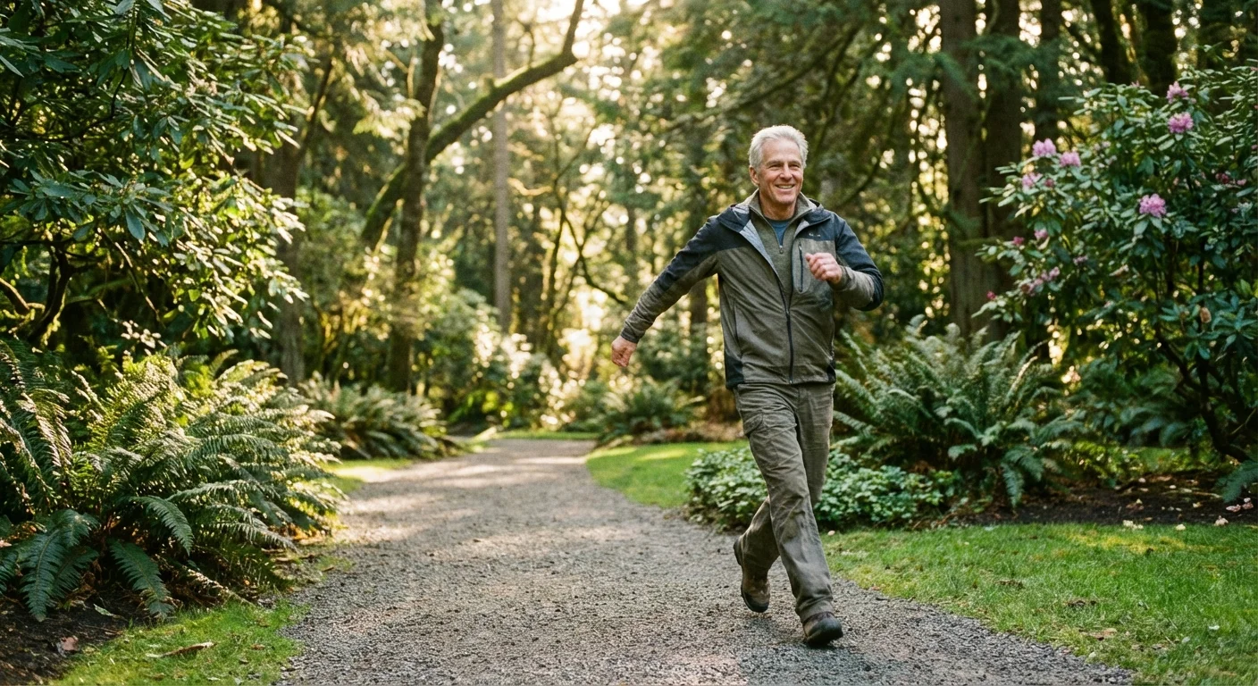 A senior man walking purposefully in a beautiful park, representing the catch-up phase of life.