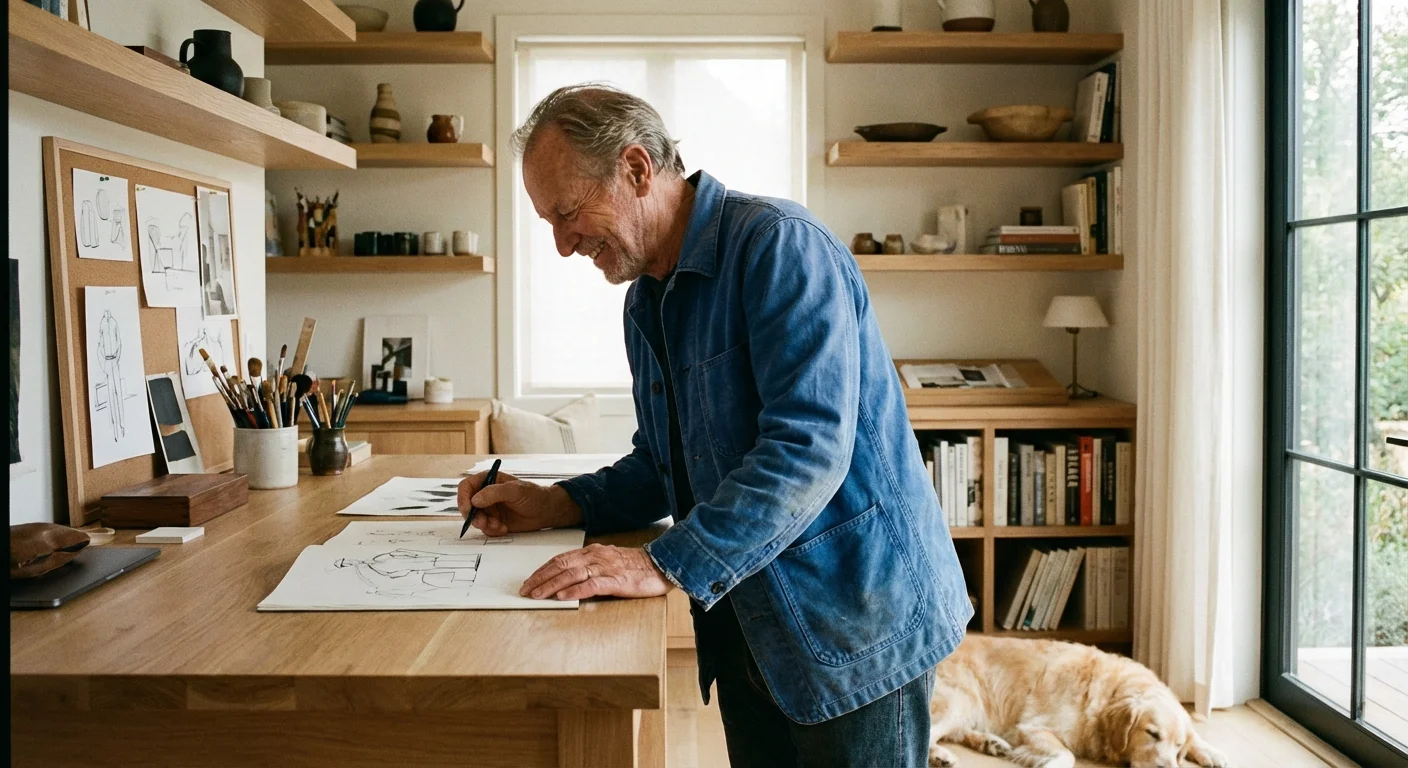 A senior man working on a creative project in a bright home studio.