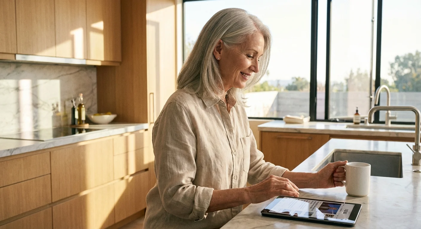 A senior person uses a tablet to read the news while enjoying morning coffee.