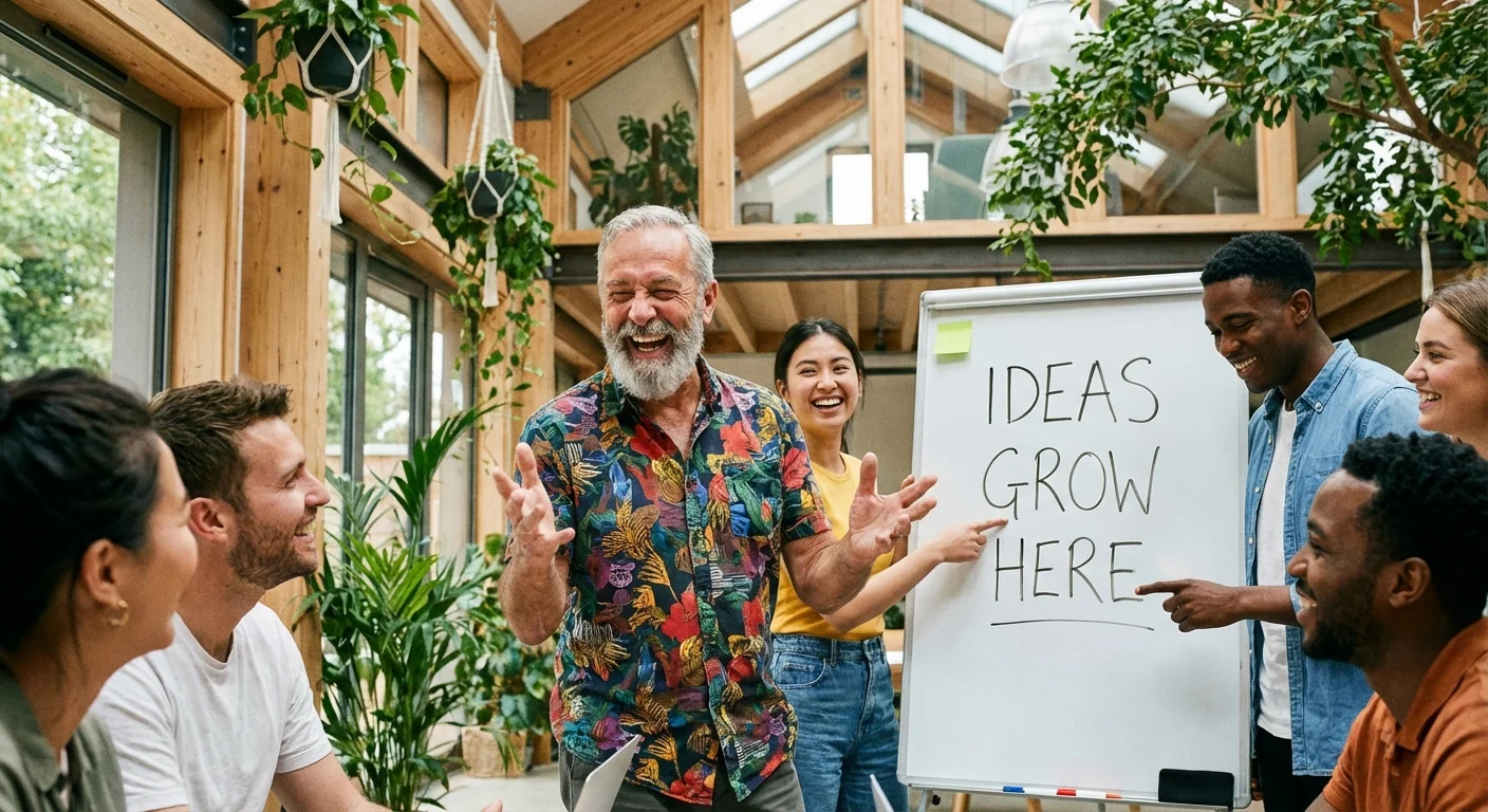 A senior professional happily interacting with younger colleagues in a modern office.