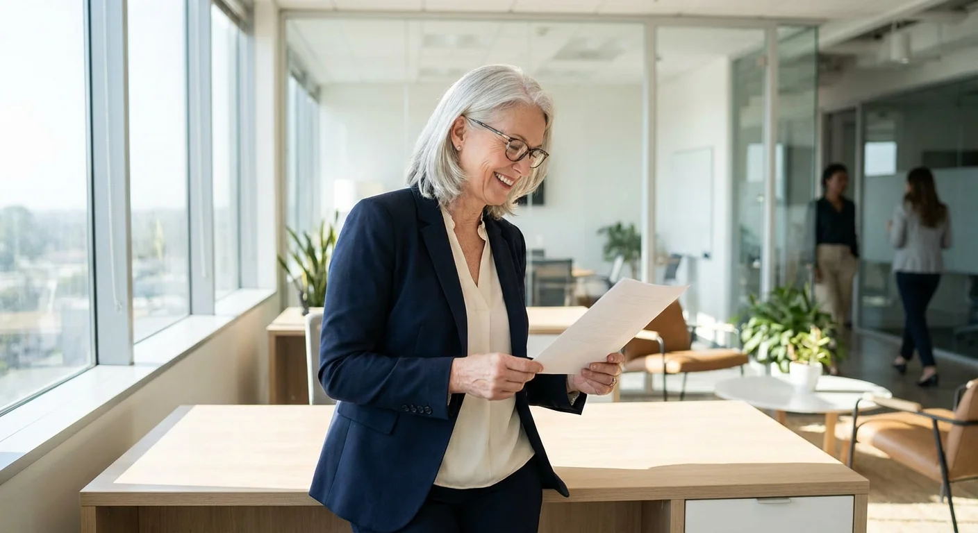 A senior professional smiling while reviewing financial documents in a bright, modern office.