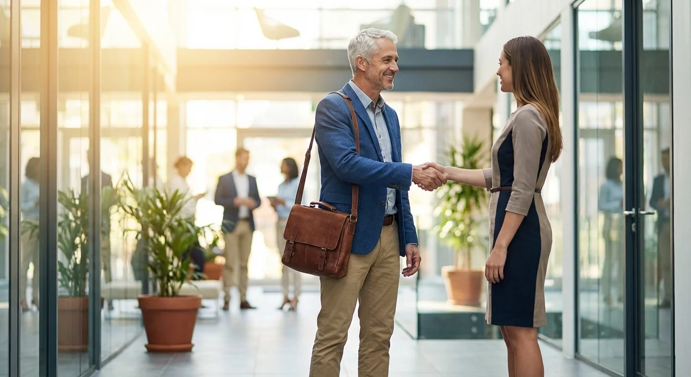 A senior professional walking confidently through a corporate lobby.