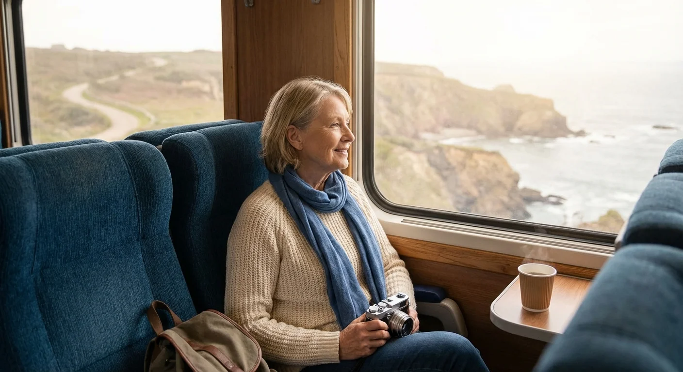A senior traveler enjoying the view from a scenic train ride.