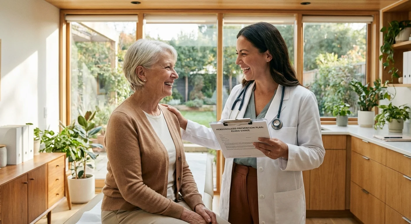 A senior woman and her doctor talking during a Medicare Wellness Visit in a sunlit office.