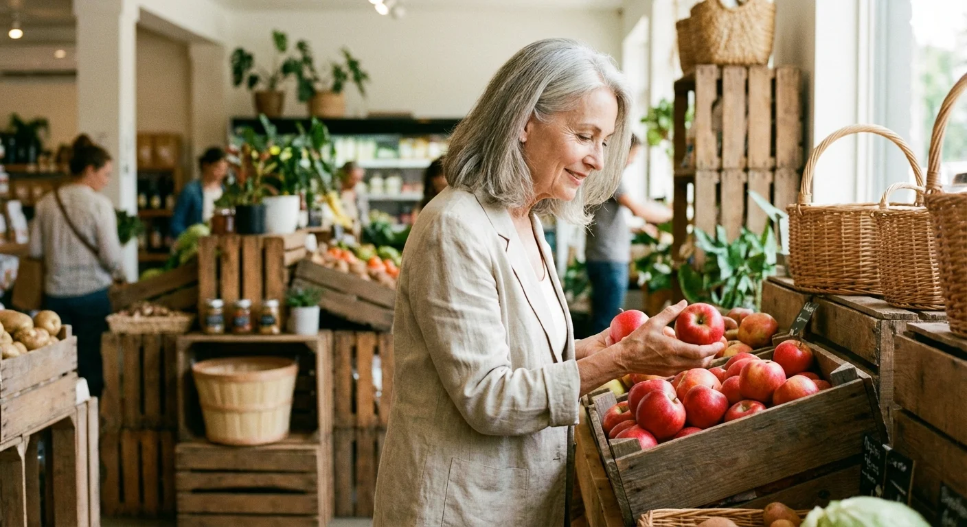 A senior woman carefully choosing fresh fruit at a grocery store display.