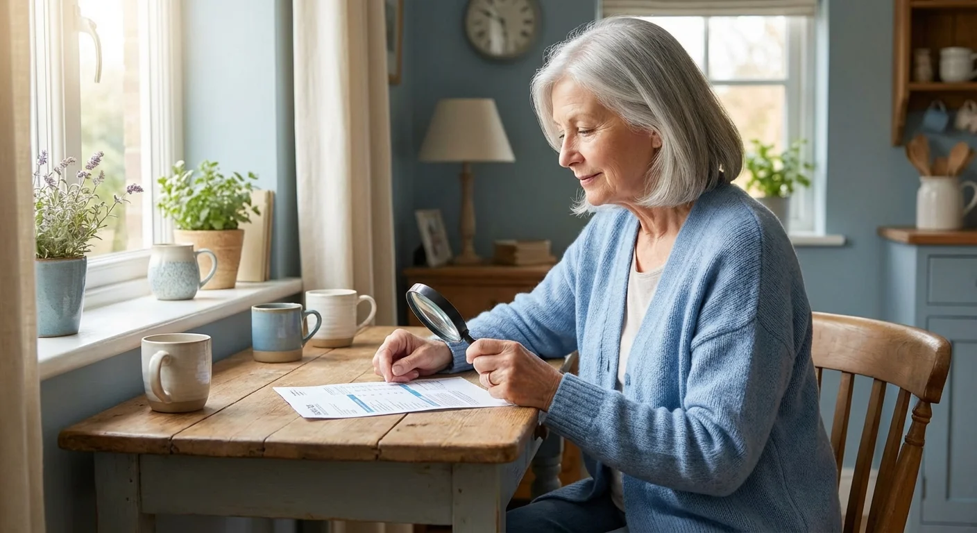 A senior woman carefully reviewing her monthly utility bill at a desk.