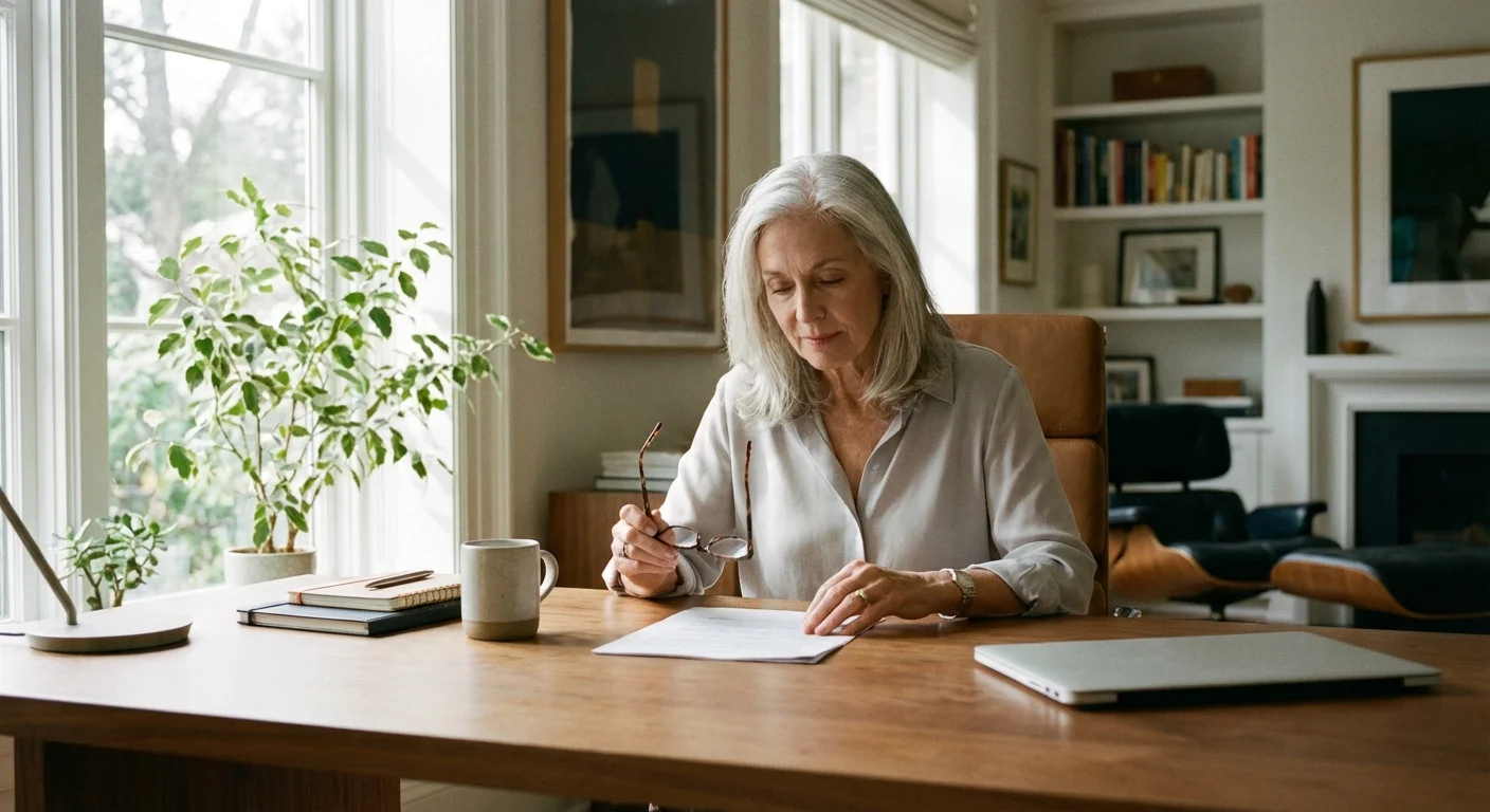 A senior woman carefully reviewing medical paperwork in her bright home office.