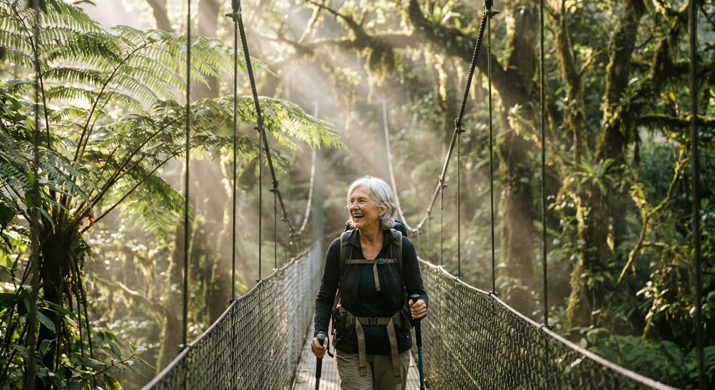 A senior woman exploring a lush tropical cloud forest in Costa Rica.