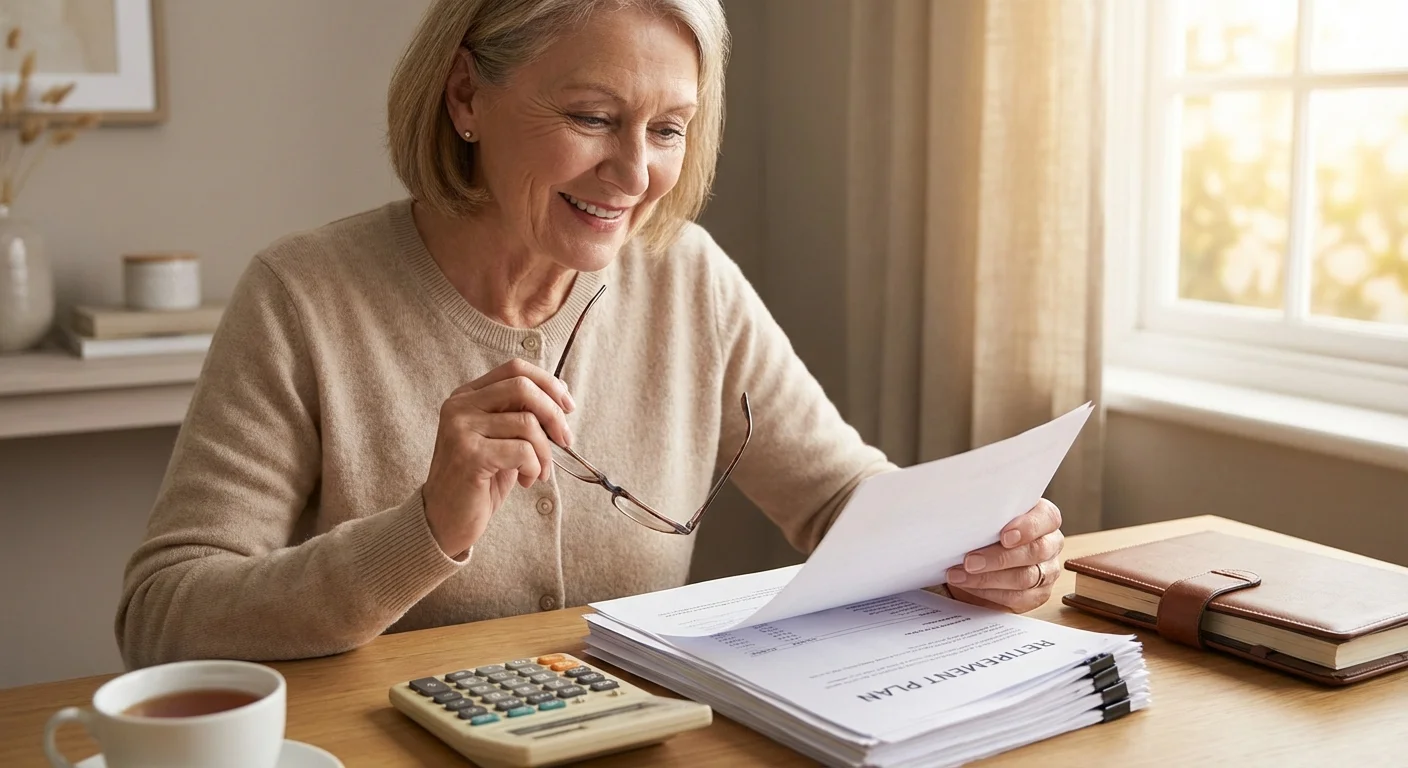 A senior woman feeling satisfied while reviewing her tax and savings documents.