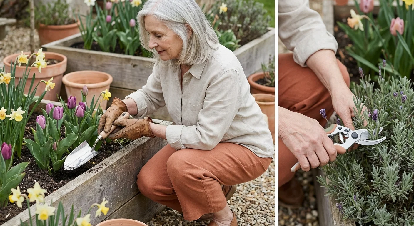 A senior woman gardening in a raised bed with stylish, ergonomic tools during a sunny spring day.