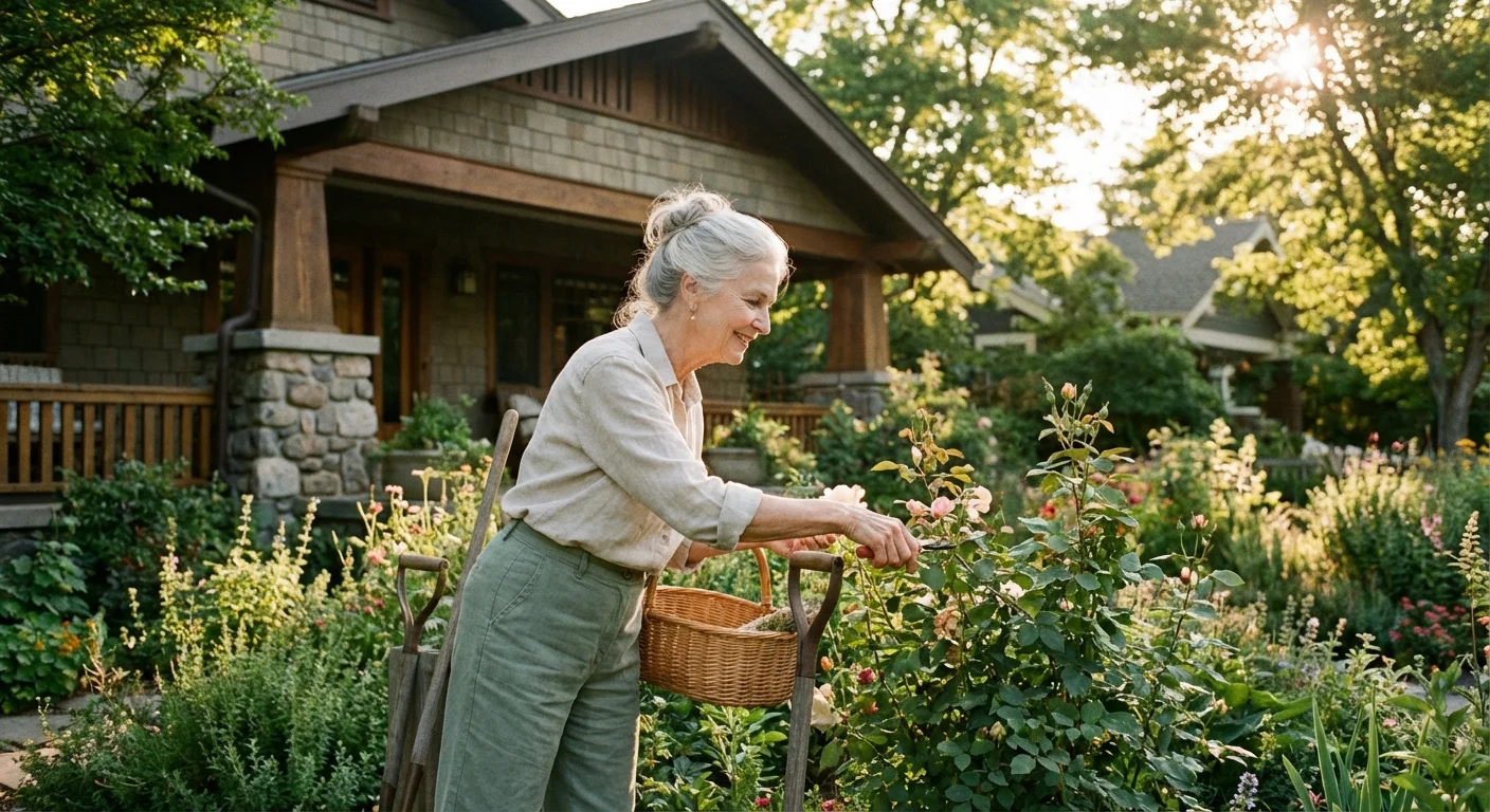 A senior woman gardening in front of her beautiful suburban home.