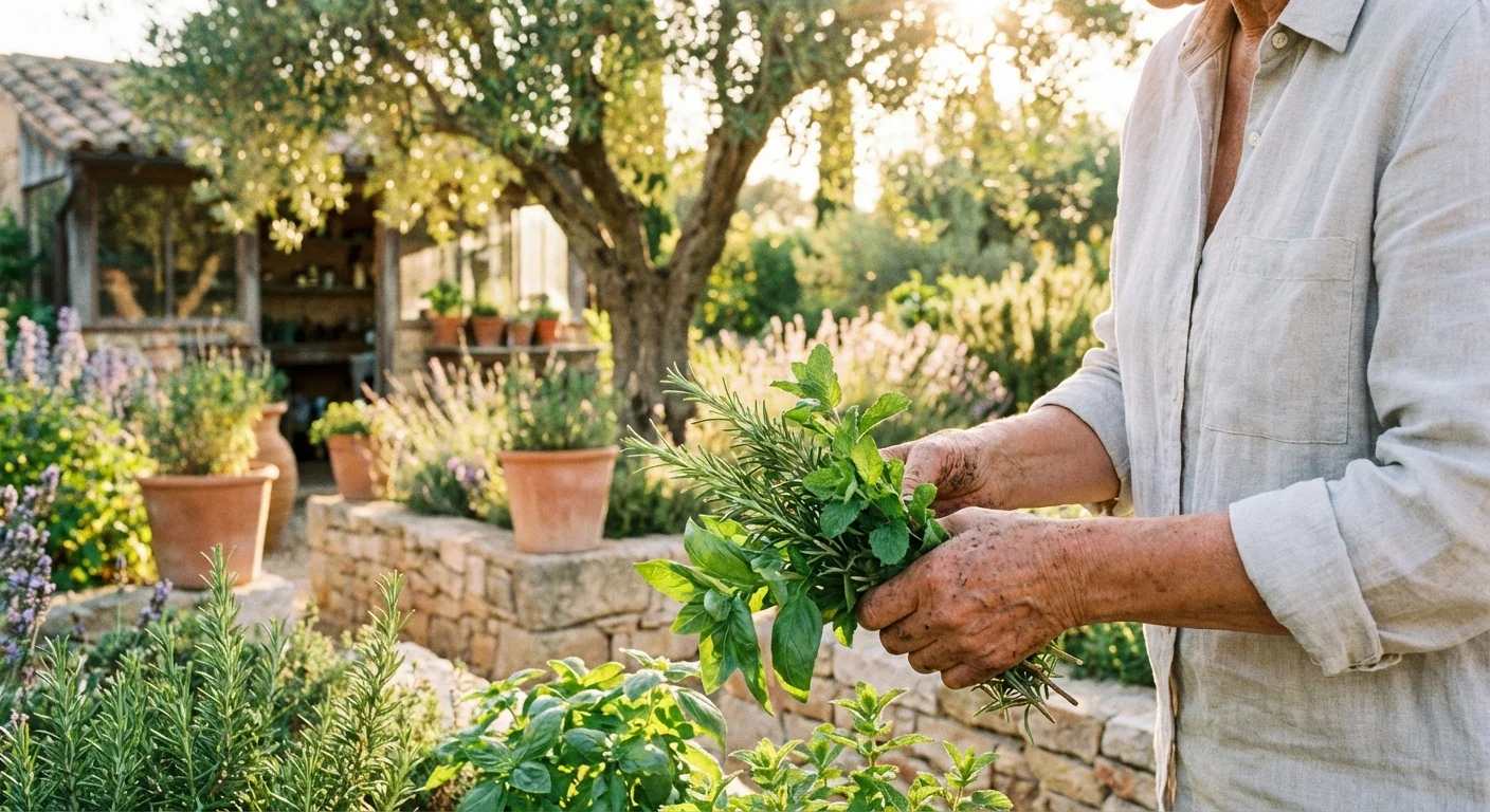 A senior woman gathering fresh herbs in a beautiful garden, symbolizing the collection of income sources.