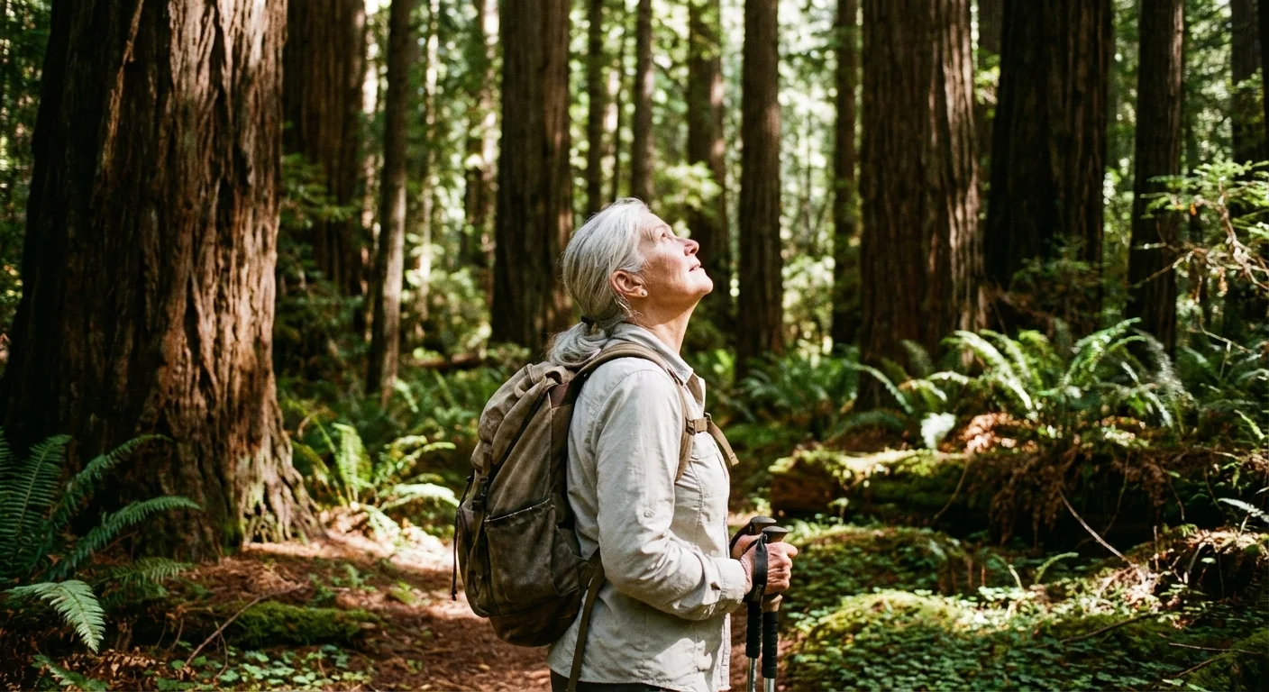 A senior woman hiking through a redwood forest.
